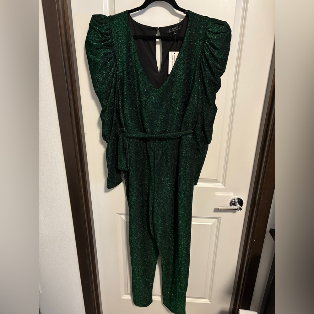 Eloquii Lurex knit Jumpsuit green metallic jumpsuit puff sleeve, plus size 20